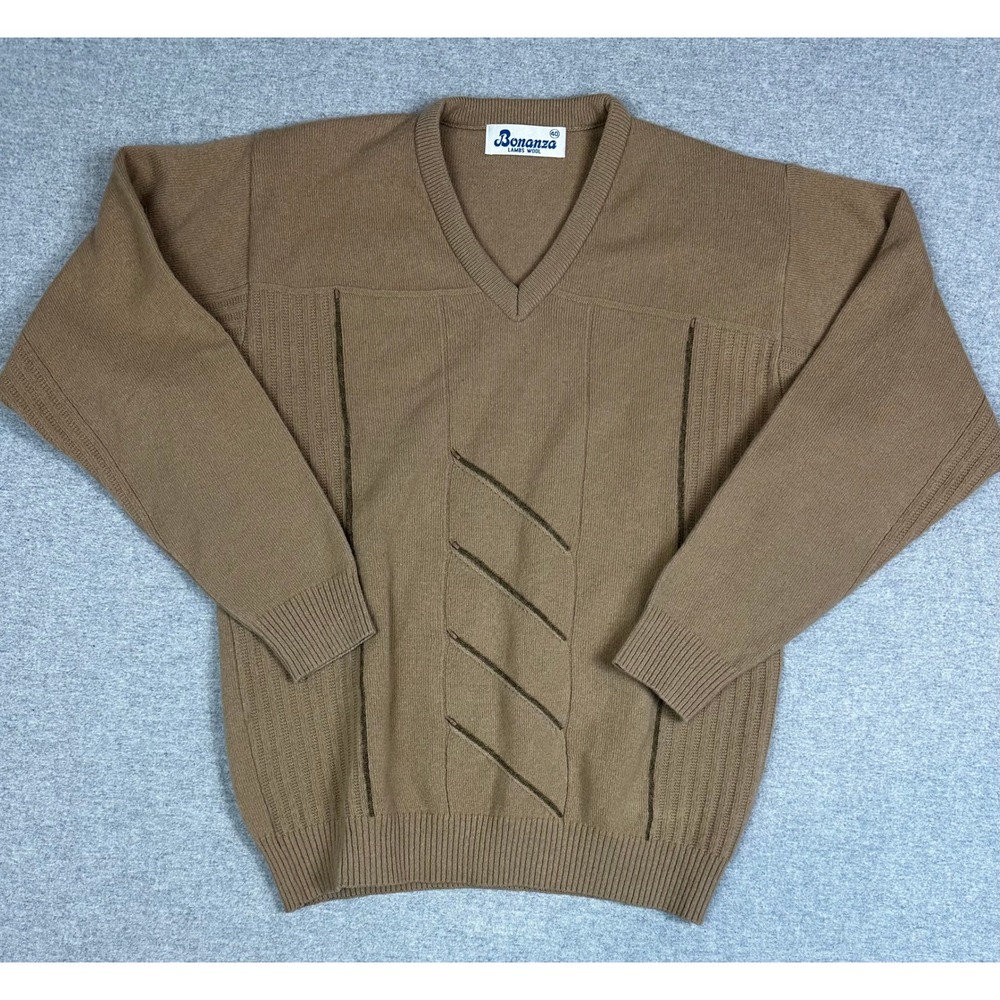 True VTG Bonanza Lambs Wool Sweater‎ Size 40 Tan Brown Textured Knit